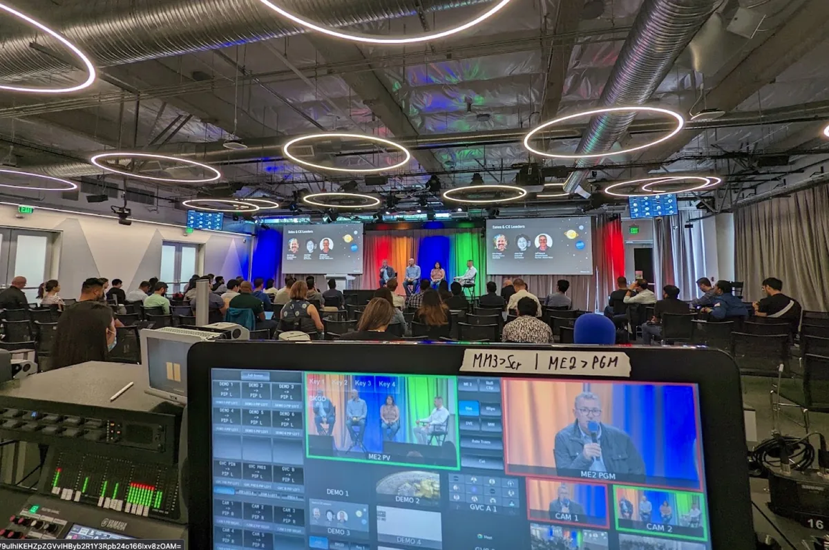 Google live panel event with multi-camera switching and stage lighting