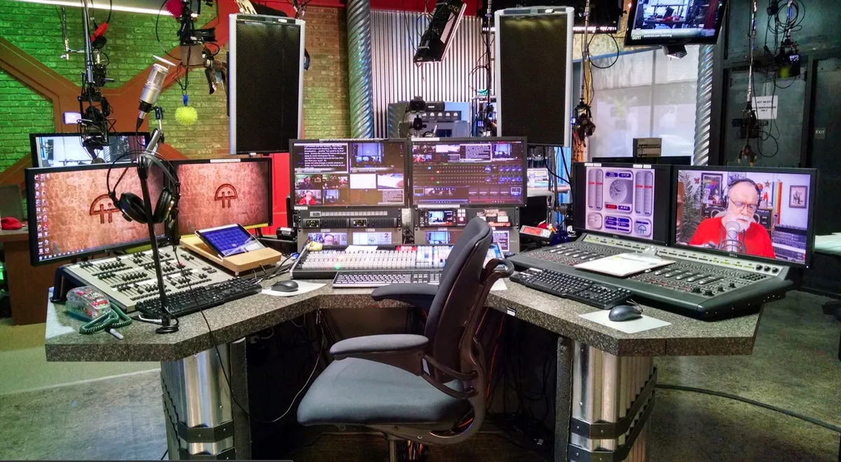TWiT studio control room with multiple monitors and consoles